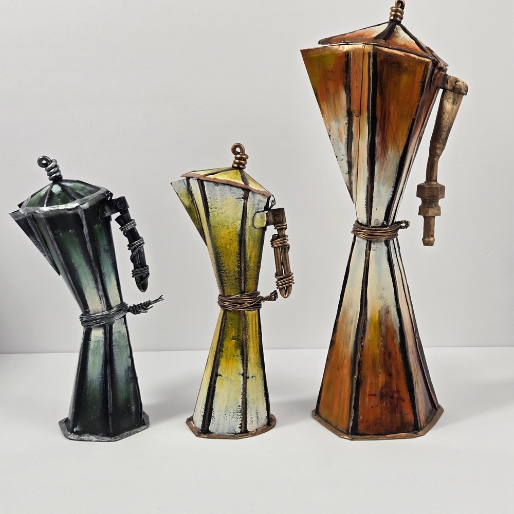 Signed Metal Coffee Pot Sculpture Collection Set of 3 Hand Painted Folk Art Deco